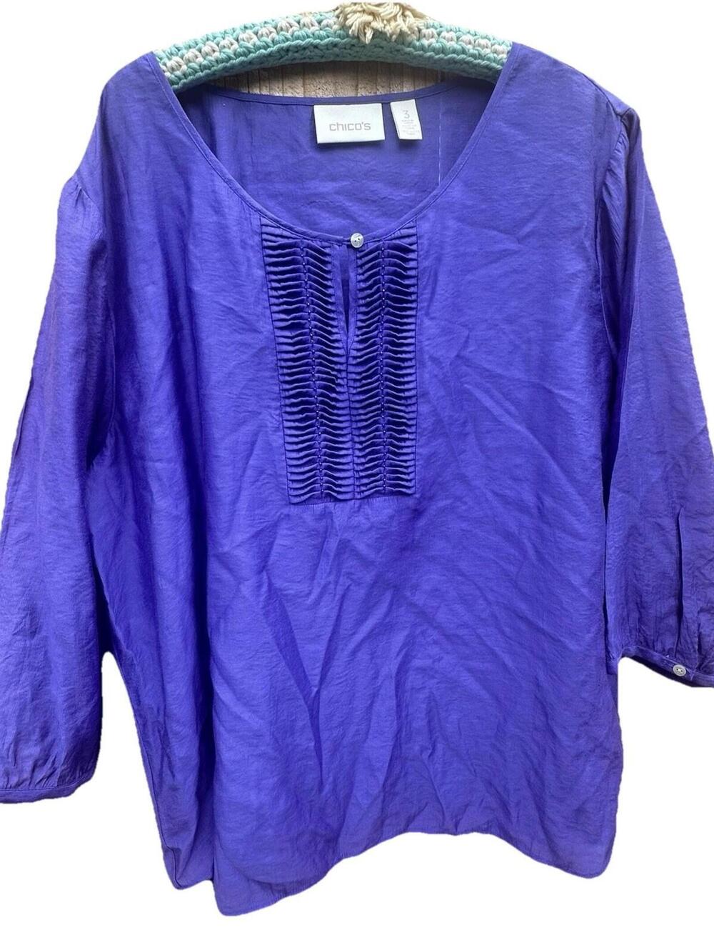 Chicos Purple accordian Pintuck  Lightweight Summer Resort Vaca Top Size 3 Xl
